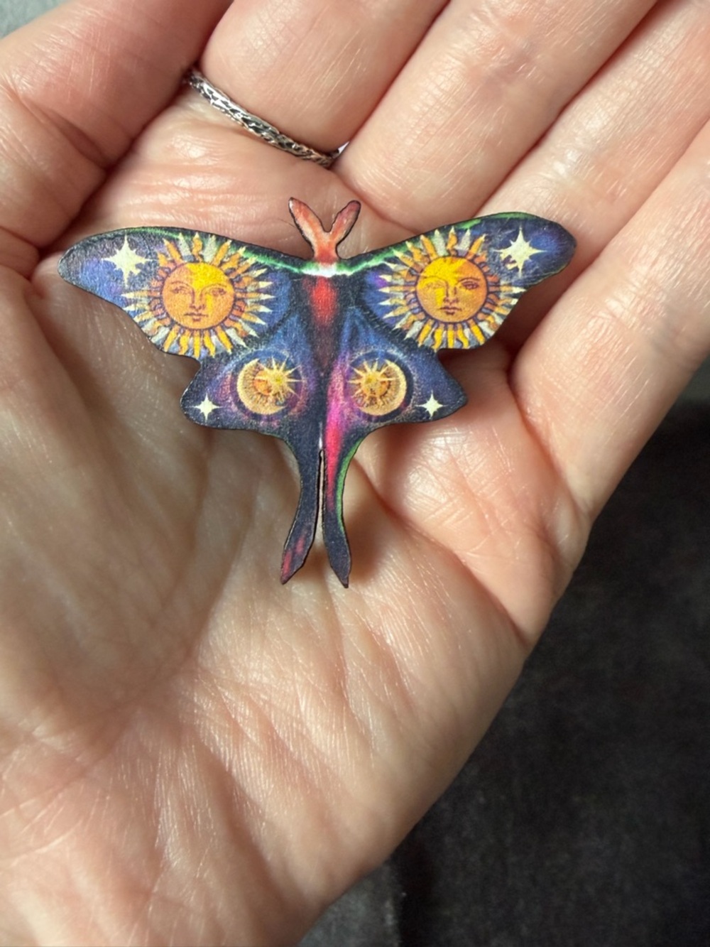 Handmade Moon & Sun Moth Brooch in Purple and Yellow - Picture 4 of 5